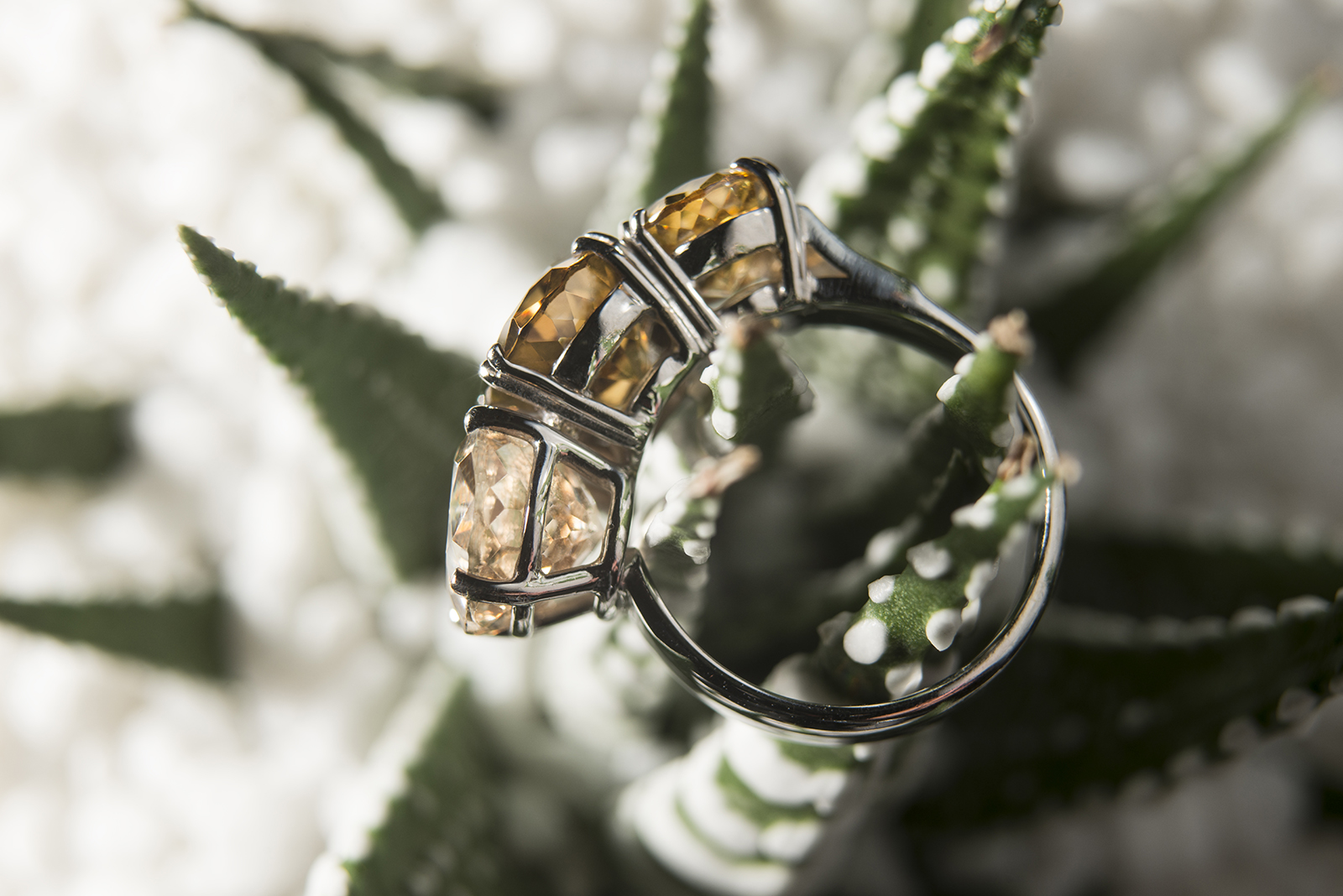 Anello in oro bianco con 3 zirconi di misura crescente e dalle varie sfumature di marrone.