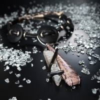 Leather and onyx necklace. Pendant in silver with silicified wood, rock crystal raw and rough natural tourmaline schorl-rock.