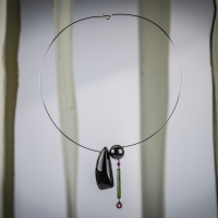 ART.44 - White gold rigid necklace with starry diopside, ruby, green tourmaline baguette and drop of pink tourmaline